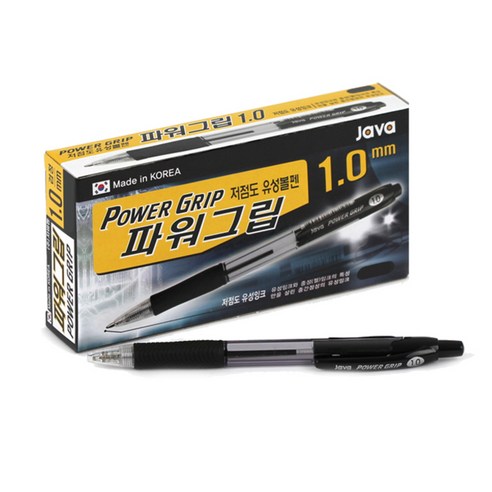 자바펜 1.0 파워그립 저점도 유성볼펜, 검정, 12개입