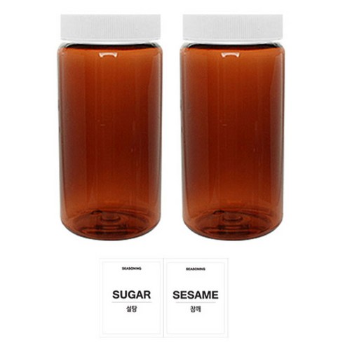 홈앤라이프 갈색원형 PET 양념통 흰색캡 350ml 2p 세트, 1세트, PET 양념통 2p + 흰색스티커(설탕 + 참깨)