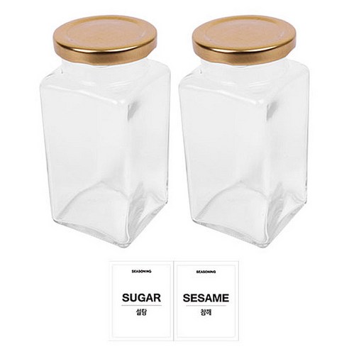홈앤라이프 유리 양념통 사각 골드캡 300g 2p 세트, 1세트, 유리 양념통 2p + 투명스티커(설탕 + 참깨)