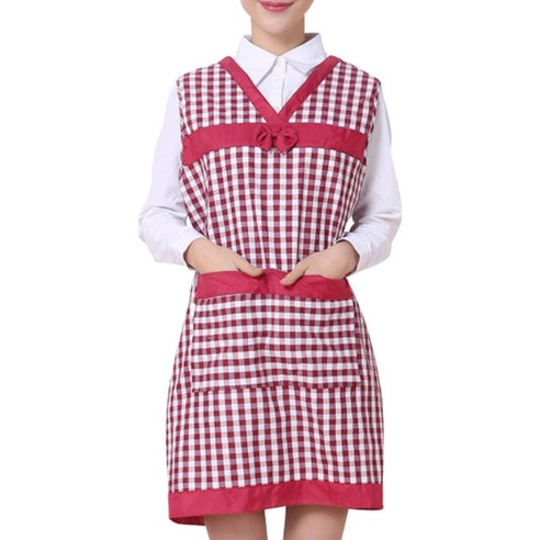 아울리빙 체크 패턴 주방 앞치마, 브이넥 핑크, 1개
