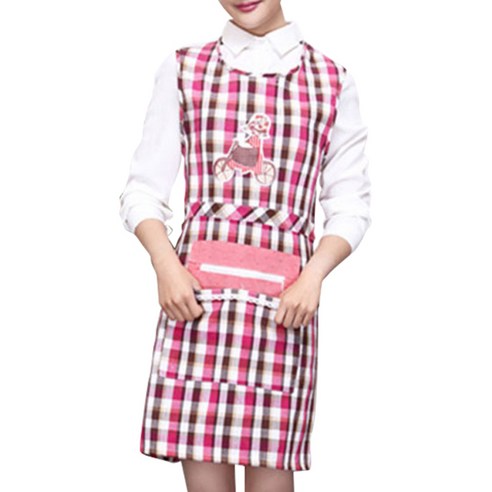 아울리빙 체크 패턴 주방 앞치마, 자전거 핑크, 1개