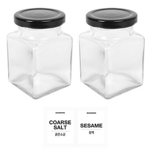 홈앤라이프 유리 양념통 사각 블랙캡 200g 2p 세트, 1세트, 양념통 2p + 투명스티커 (굵은소금 + 참깨)