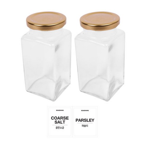 홈앤라이프 유리 양념통 사각 골드캡 300g 2p 세트, 1세트, 양념통 사각 2p + 투명스티커(굵은소금 + 파슬리)
