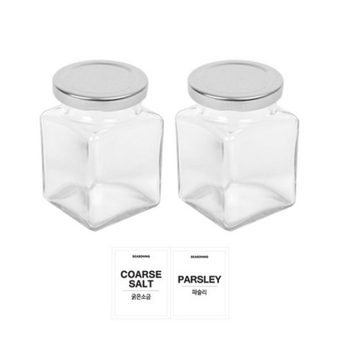 홈앤라이프 유리 양념통 사각 실버캡 200g 2p 세트, 1세트, 양념통 사각 2p + 투명스티커(굵은소금 + 파슬리)