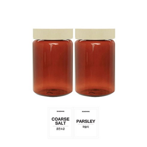 홈앤라이프 갈색원형 PET 양념통 미색캡 250ml 2p 세트, 1세트, 원형 양념통 2p + 흰색스티커(굵은소금 + 파슬리)