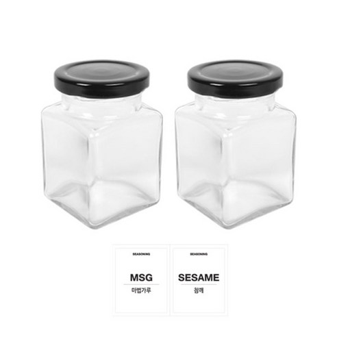 홈앤라이프 유리 양념통 사각 블랙캡 200g 2p 세트, 1세트, 양념통 사각 2p + 투명스티커(마법가루 + 참깨)