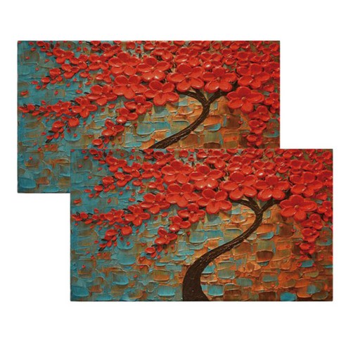 아리코 린넨 북유럽 유화 식탁 테이블 매트 2p, 나무꽃 블루 + 레드, 46 x 27 cm