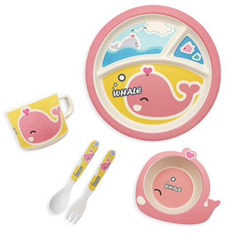 채니비니 뱀부 유아 식기 세트, 미소천사 핑크 고래, 5종