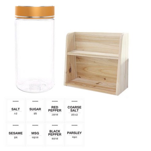병도매닷컴 투명원형 PET 양념통세트, 1세트, 투명원형PET양념 350ml x 8p + 금속골드캡 8p + 라벨스티커 8p + 오픈 2단 선반