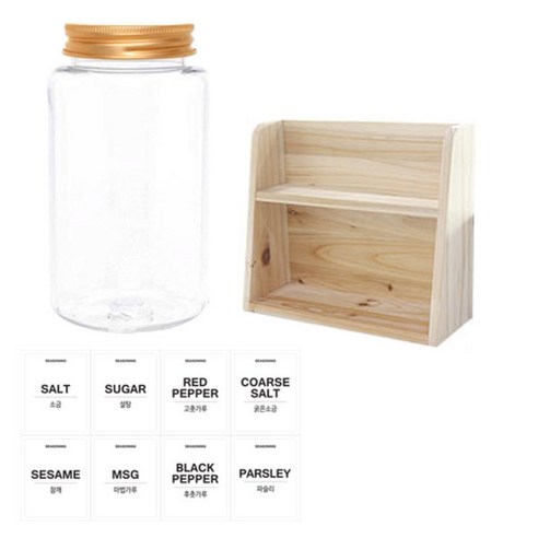병도매닷컴 투명원형 PET 양념통세트, 1세트, 투명원형PET양념 300ml x 8p + 알루미늄골드캡 8p + 라벨스티커 8p + 오픈 2단 선반