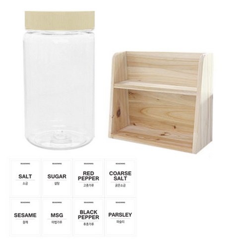 병도매닷컴 투명원형 PET 양념통세트, 1세트, 투명원형PET양념 300ml x 8p + 미색캡 8p + 라벨스티커 8p + 오픈 2단 선반