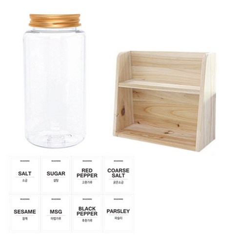 병도매닷컴 투명원형 PET 양념통세트, 1세트, 투명원형PET양념 350ml x 8p + 말루미늄골드캡 8p + 라벨스티커 8p + 오픈 2단 선반