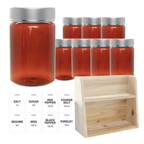 병도매닷컴 갈색 원형 PET 양념통 세트, 1세트, 갈색원형PET양녕통 250ml x 8p + 금속실버캡 8p + 라벨스티커 8p + 오픈 2단 선반
