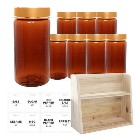 병도매닷컴 갈색 원형 PET 양념통 세트, 1세트, 갈색원형PET양녕통 350ml x 8p + 금색골드캡 8p + 라벨스티커 8p + 오픈 2단 선반