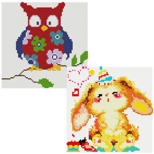 헬로페인팅 보석십자수 20x20 나무틀 꽃부엉이 2p 세트, 꽃부엉이, 행복한토끼, 1세트