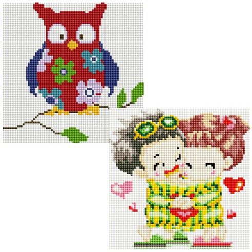 헬로페인팅 보석십자수 20x20 나무틀 꽃부엉이 2p 세트, 꽃부엉이, 커플4, 1세트