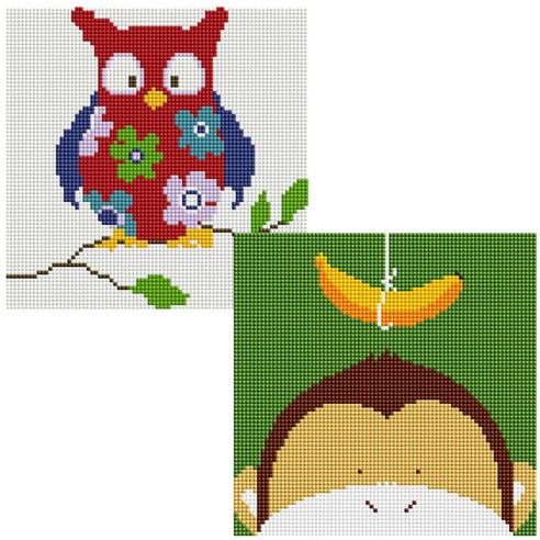 헬로페인팅 보석십자수 20x20 나무틀 꽃부엉이 2p 세트, 꽃부엉이, 원숭이, 1세트