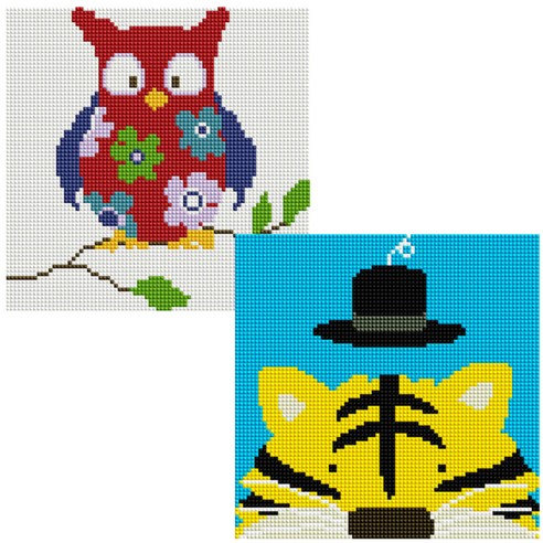 헬로페인팅 보석십자수 20x20 나무틀 꽃부엉이 2p 세트, 꽃부엉이, 호랑이, 1세트