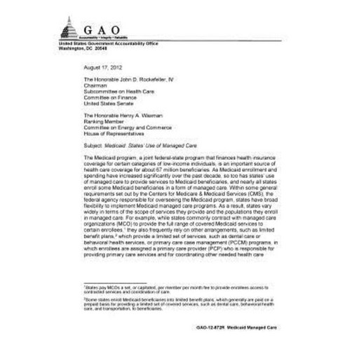 Medicaid: States'' Use of Managed Care Paperback, Createspace Independent Publishing Platform