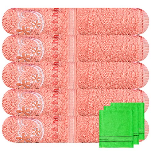 송월타월 스윗하트 단비자수 수건 5p + 때타올 연두 3p, 주황, 1세트