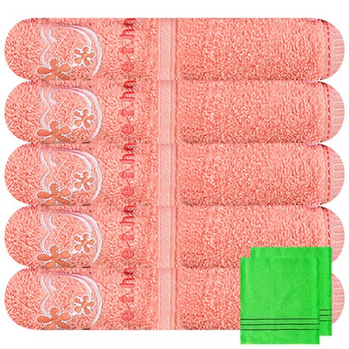 송월타월 스윗하트 단비자수 수건 5p + 때타올 연두 2p, 주황, 1세트