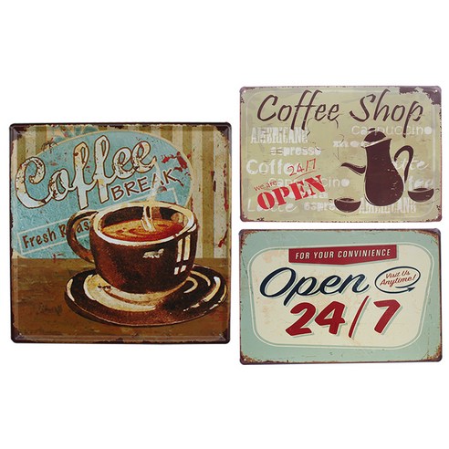 퍼닉 빈티지 틴 액자 커피 브레이크 L + 커피 숍 M + 오픈 M, 혼합 색상