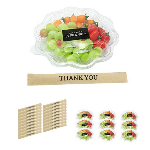 도나앤데코 꽃샐러드용기 투명 도시락 10p + 맛있게드세요 블랙스티커10p + 크라프트 대나무젓가락 땡큐 10p, 1세트