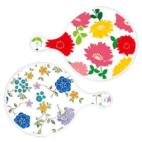 Loem 국화핑크화이트 원형 서빙 도마 2p 세트, 국화핑크화이트, 로맨틱블루floral화이트, 1세트