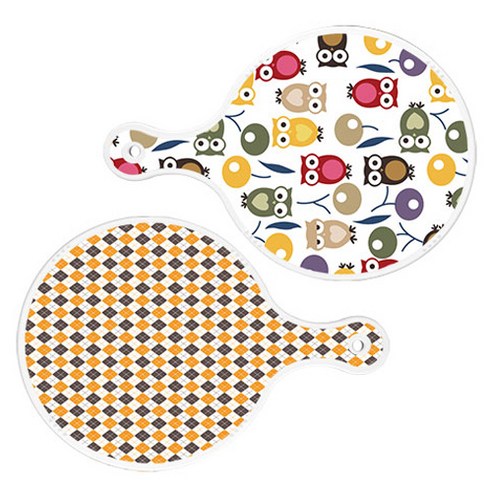 로엠디자인 서빙 원형 도마 보드 2p 부엉이 세트, 부엉이, 잉글랜드행황색체크, 1세트