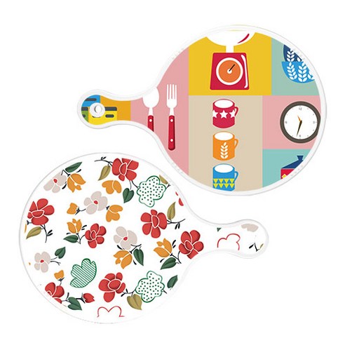 로엠디자인 서빙 원형 도마 보드 2p 주방패턴 세트, 주방패턴, floral 목련 패턴, 1세트