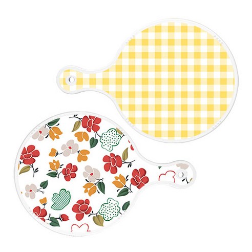 로엠디자인 서빙 도마 보드 2p 체크파스텔옐로우원형 세트, 체크파스텔옐로우원형, floral 목련 패턴원형, 1세트
