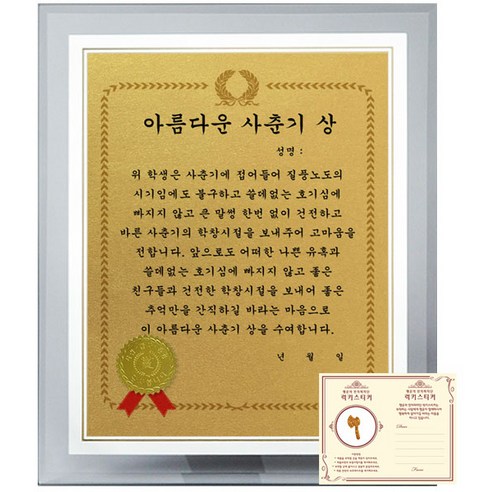 럭키심볼 수능 행운의 크리스탈 감사패 8G 감사장 세트 아름다운 사춘기 상 + 행운의 황금도끼 전자파 차단스티커, 1세트