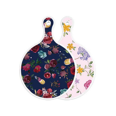 로엠디자인 양면 원형 서빙 도마 보드 블루톤플라워, 로맨틱레드floral연분홍색, 1개