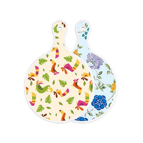 로엠디자인 양면 원형 서빙 도마 보드 구관조담황색, 로맨틱블루floral비색, 1개