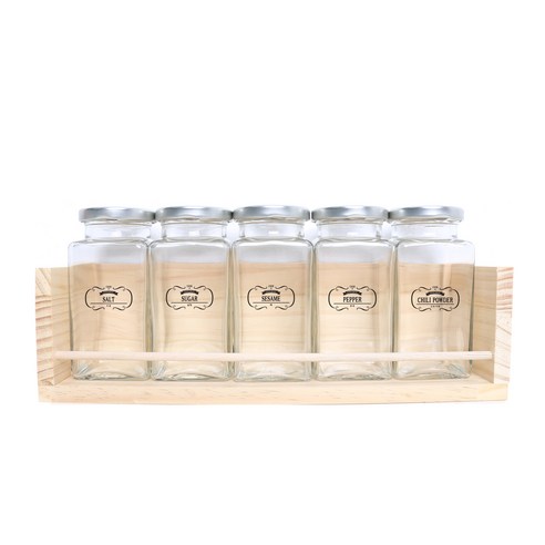 핸드팩토리 양념통 사각 라지 5p + 1단 양념통 우드선반 + 라벨, 1세트, 양념통 실버캡 5p + 우드선반 + 패턴라인 라벨