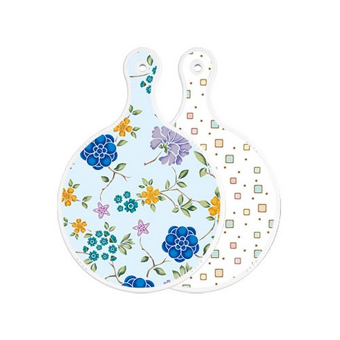 로엠디자인 양면 원형 서빙 도마 보드 로맨틱블루floral비색, Happy사각패턴, 1개