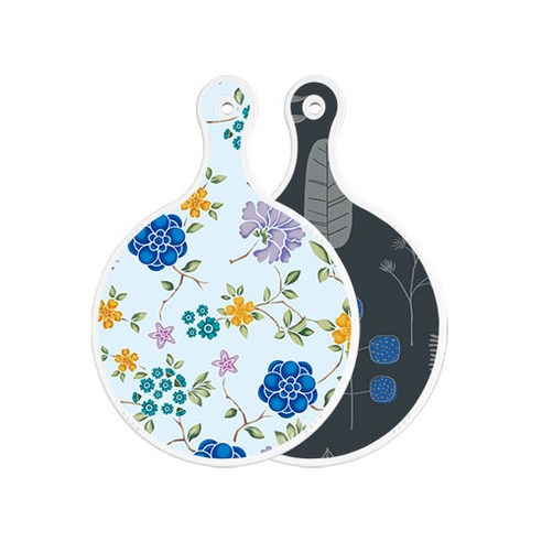 로엠디자인 양면 원형 서빙 도마 보드 로맨틱블루floral비색, 감색나무라인, 1개