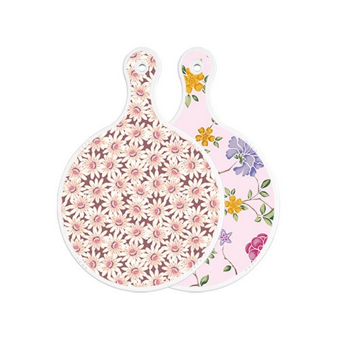 로엠디자인 양면 원형 서빙 도마 자색플라워패턴, 로맨틱레드floral연분홍색, 1개