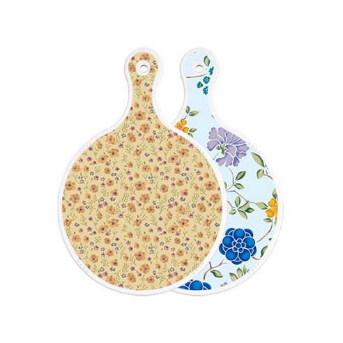 로엠디자인 양면 원형 서빙 도마 자황색플라워, 로맨틱블루floral비색, 1개