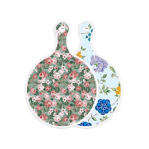 로엠디자인 양면 원형도마 흑록색가든플라워, 로맨틱블루floral비색, 1개