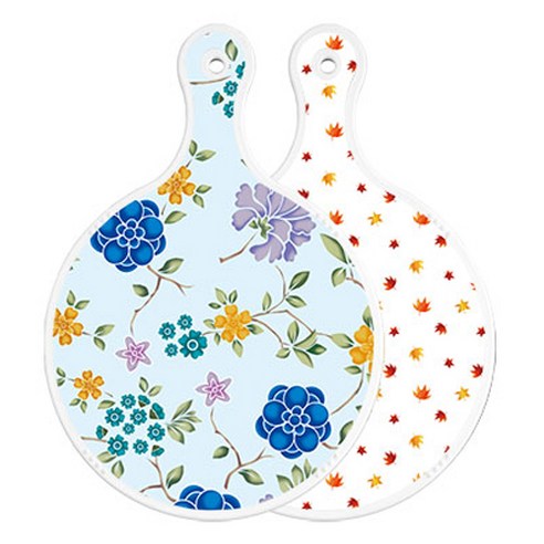 로엠디자인 양면 원형 서빙 도마 보드 로맨틱블루floral비색, 낙엽화이트, 1개
