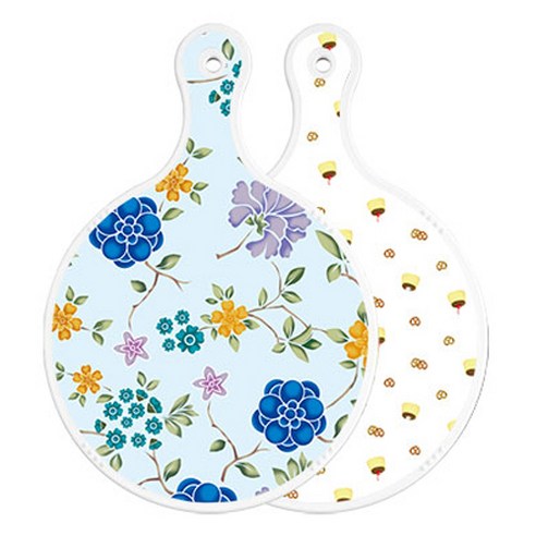 로엠디자인 양면 원형 서빙 도마 보드 로맨틱블루floral비색, 푸딩, 1개