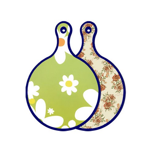 로엠디자인 블루에디션 양면 원형 서빙 도마 floral design하얀개나리, 두목색플라워, 1개