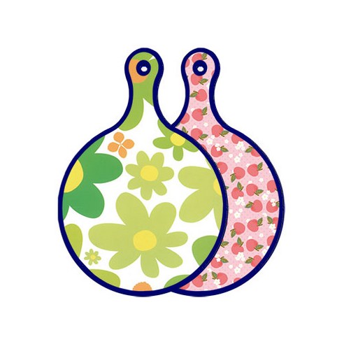 로엠디자인 블루에디션 양면 원형 서빙 도마 floral 개나리, 핑크복숭아, 1개