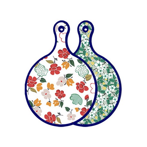 로엠디자인 블루에디션 양면 디자인 원형 서빙도마 floral목련패턴, 플라워회색, 1개