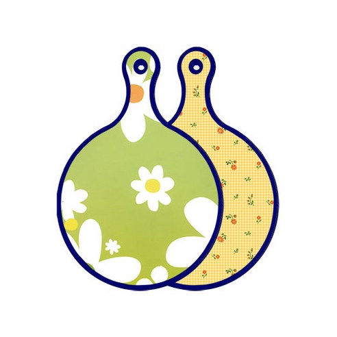 로엠디자인 블루에디션 양면 원형 서빙 도마 floral design하얀개나리, 치자색플라워체크, 1개