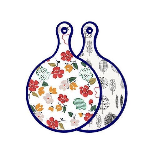 로엠디자인 블루에디션 양면 디자인 원형 서빙도마 floral목련패턴, 나무라인아트웍, 1개