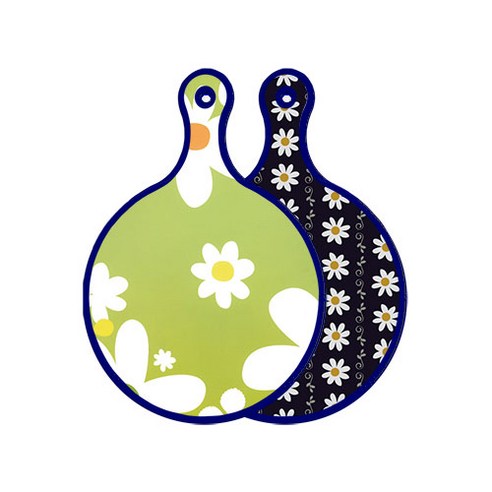 로엠디자인 블루에디션 양면 원형 서빙 도마 floral design하얀개나리, 클래식플라워, 1개