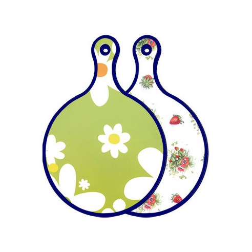 로엠디자인 블루에디션 양면 원형 서빙 도마 floral design하얀개나리, 딸기아트웍, 1개