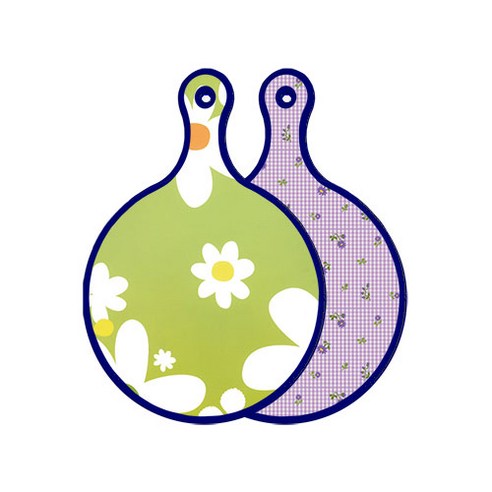 로엠디자인 블루에디션 양면 원형 서빙 도마 floral design하얀개나리, 보라플라워체크, 1개